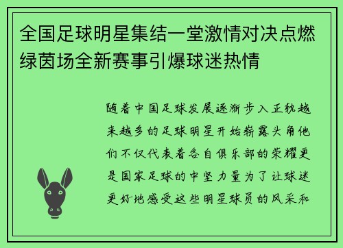 全国足球明星集结一堂激情对决点燃绿茵场全新赛事引爆球迷热情